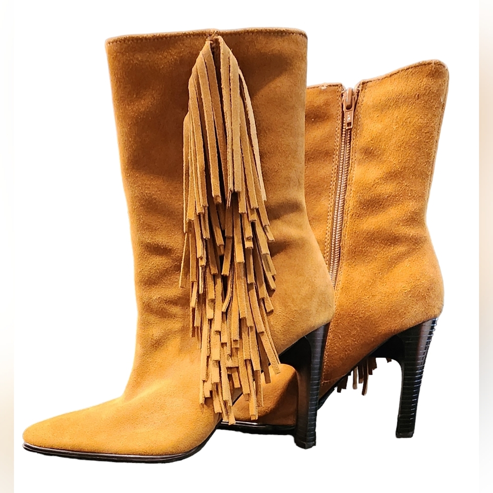 Predictions Mustard Suede Fringe Ankle Boots